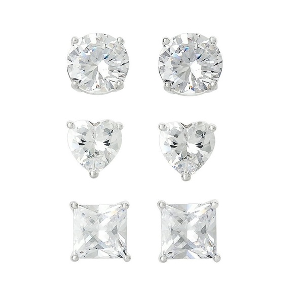 NWT FINE SILVER PLATED CUBIC ZIRCONIA HEART, ROUND, SQUARE EARRING SET - Picture 1 of 6